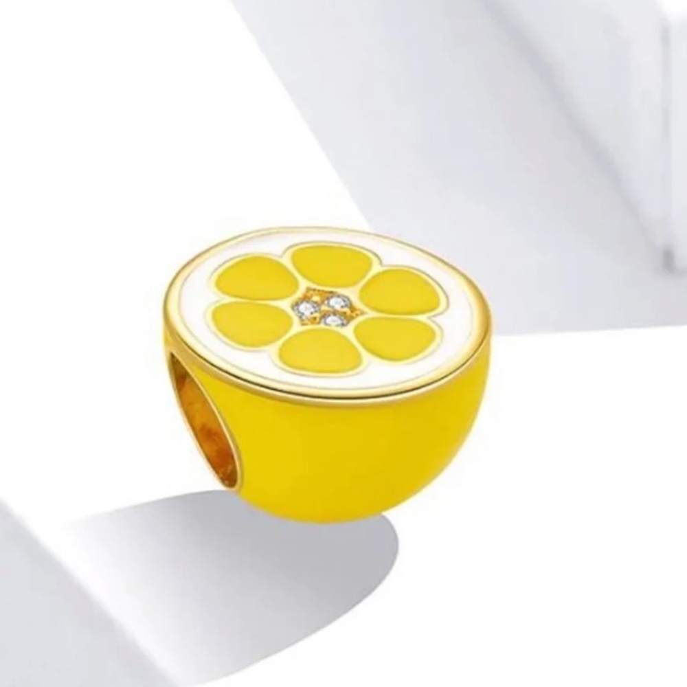 Lemon Yellow Citrus Fruit Slice Charm 925 Silver with Enamel and CZ Deta…